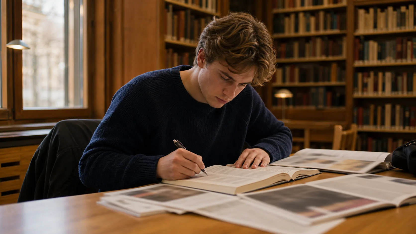 En student arbetar koncentrerat med läsförståelse och språklig analys