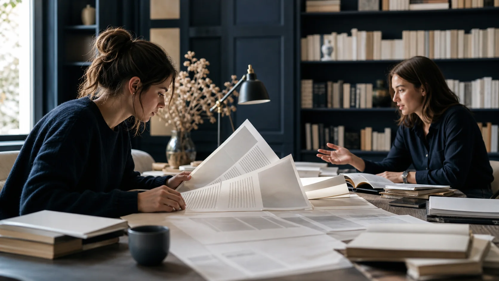 Lugn läsesal med svensk och engelsk text, ordanteckningar och material för högskoleprovet